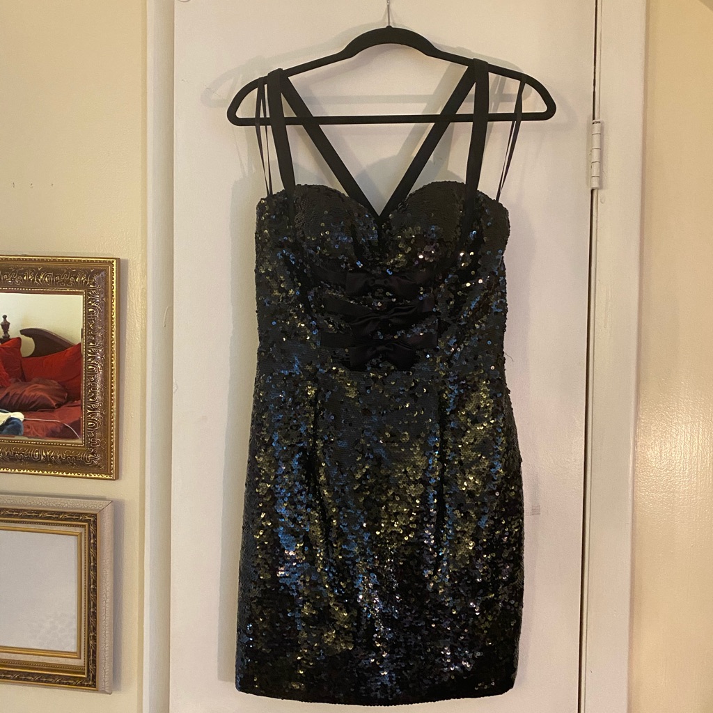Sweetheart Silk And Sequin Black Dress With Bows